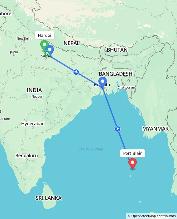 Route map showing distance and travel time from Hardoi, India to Port Blair, India