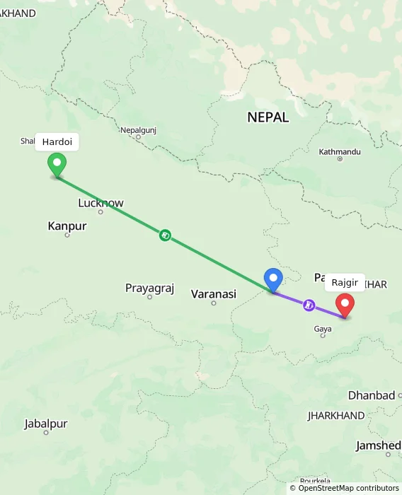 Route map showing distance and travel time from Hardoi, India to Rajgir, India