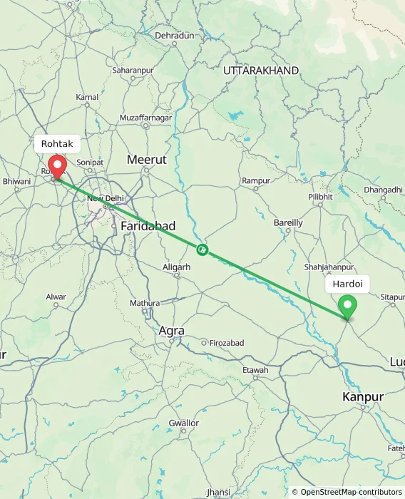 Route map showing distance and travel time from Hardoi, India to Rohtak, India