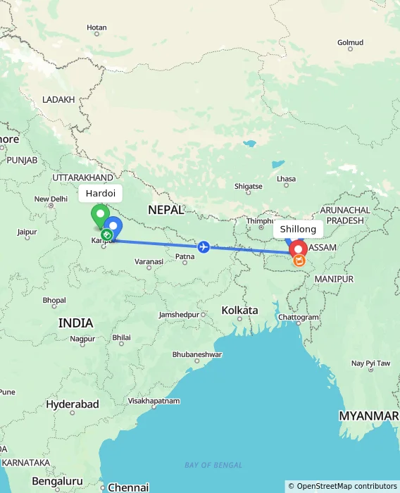 Route map showing distance and travel time from Hardoi, India to Shillong, India