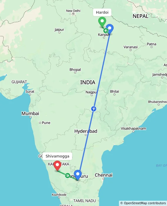 Route map showing distance and travel time from Hardoi, India to Shivamogga, India