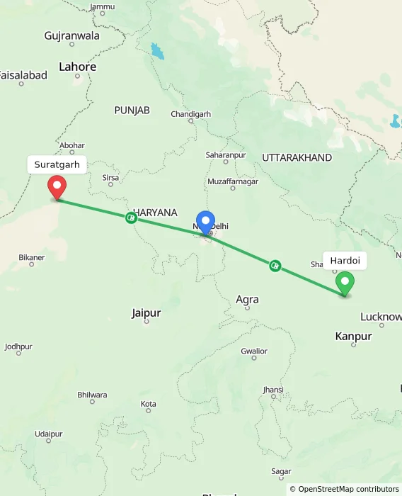 Route map showing distance and travel time from Hardoi, India to Suratgarh, India