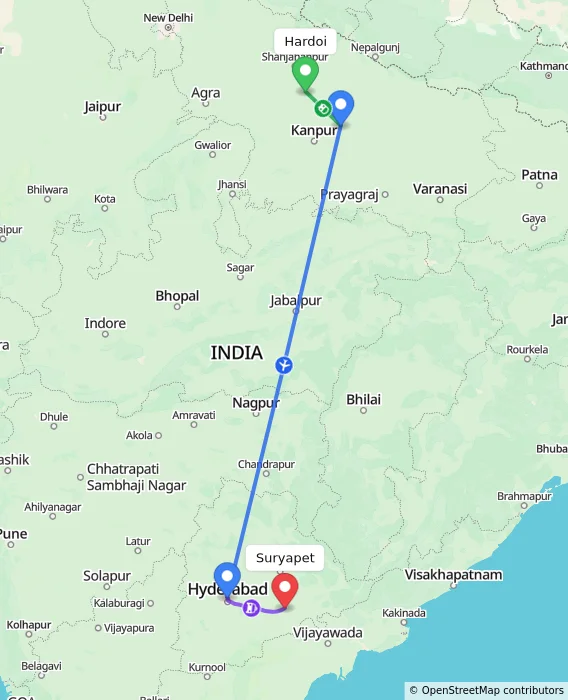 Route map showing distance and travel time from Hardoi, India to Suryapet, India