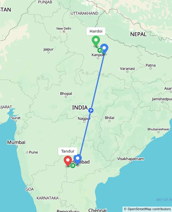 Route map showing distance and travel time from Hardoi, India to Tandur, India