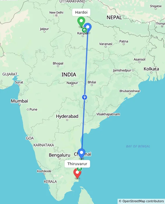 Route map showing distance and travel time from Hardoi, India to Thiruvarur, India
