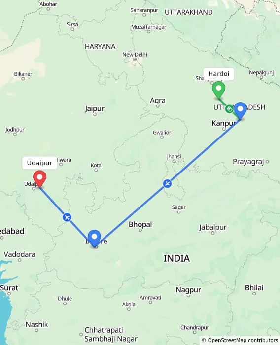 Route map showing distance and travel time from Hardoi, India to Udaipur, India