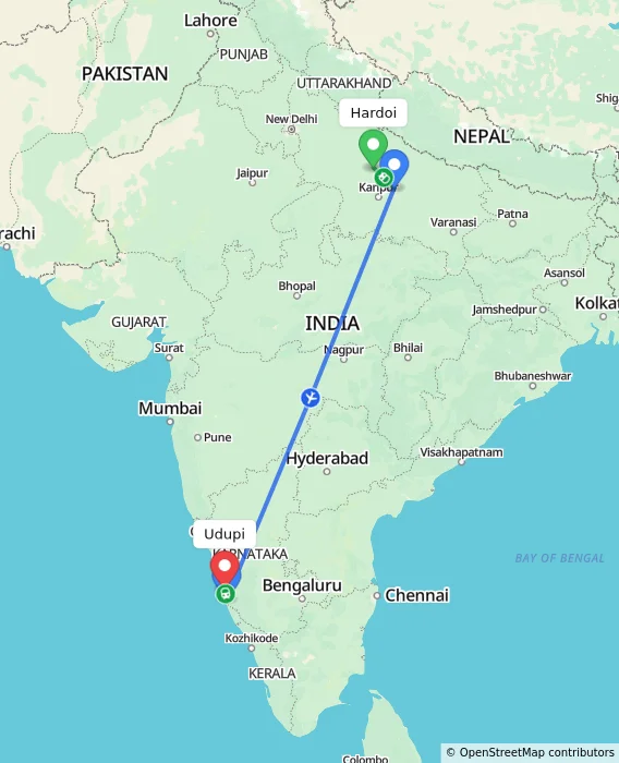 Route map showing distance and travel time from Hardoi, India to Udupi, India