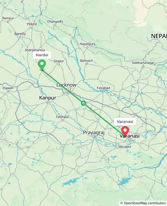 Route map showing distance and travel time from Hardoi, India to Varanasi, India