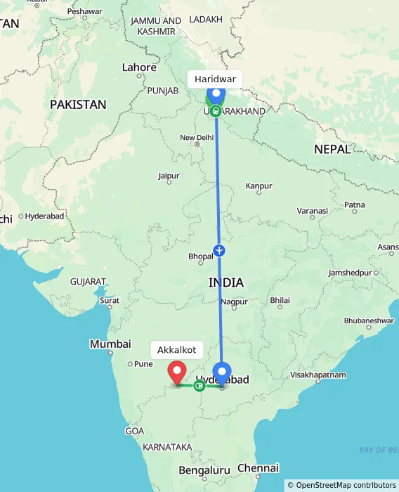 Route map showing distance and travel time from Haridwar, India to Akkalkot, India