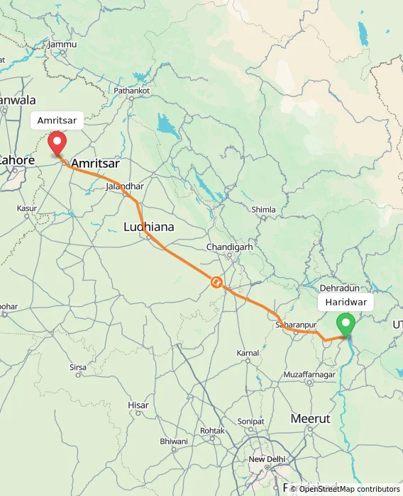 Route map showing distance and travel time from Haridwar, India to Amritsar, India