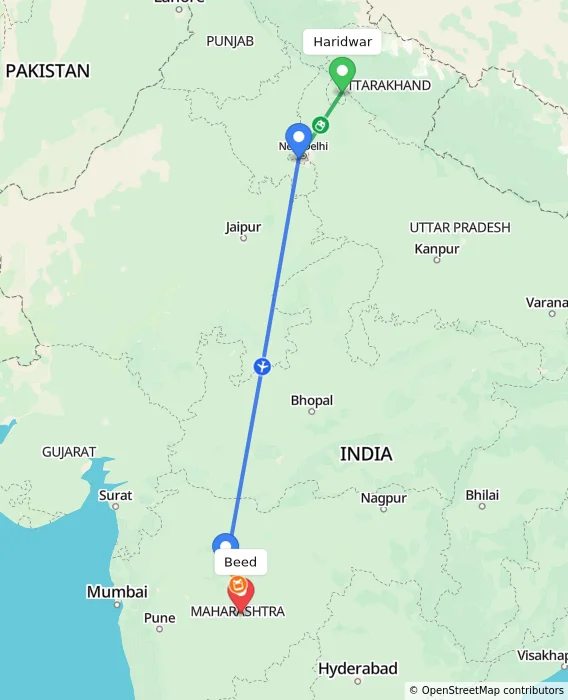 Route map showing distance and travel time from Haridwar, India to Beed, India