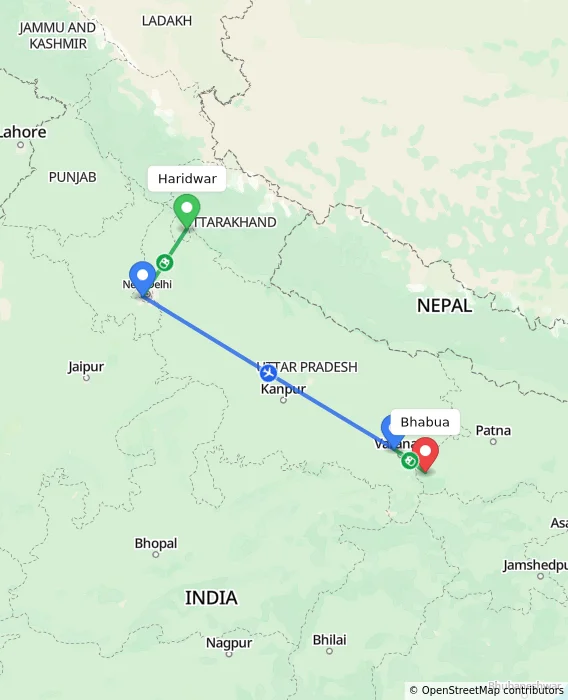 Route map showing distance and travel time from Haridwar, India to Bhabua, India