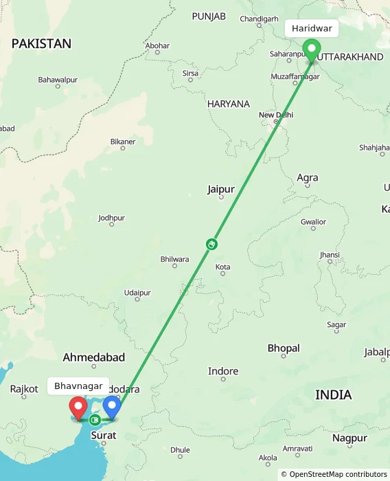 Route map showing distance and travel time from Haridwar, India to Bhavnagar, India