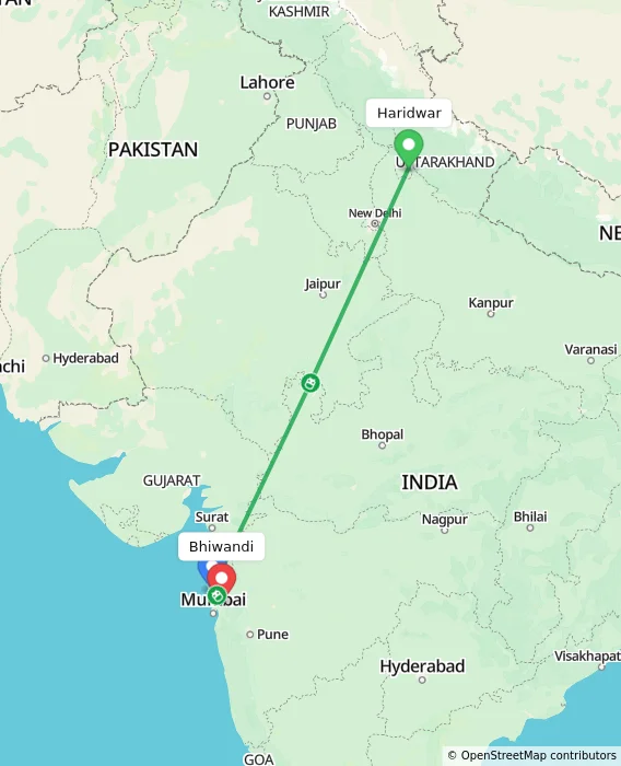 Route map showing distance and travel time from Haridwar, India to Bhiwandi, India