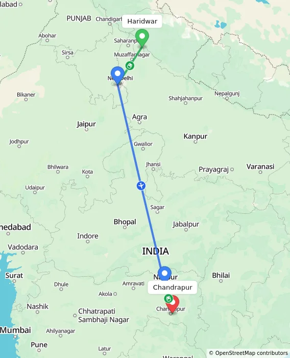 Route map showing distance and travel time from Haridwar, India to Chandrapur, India