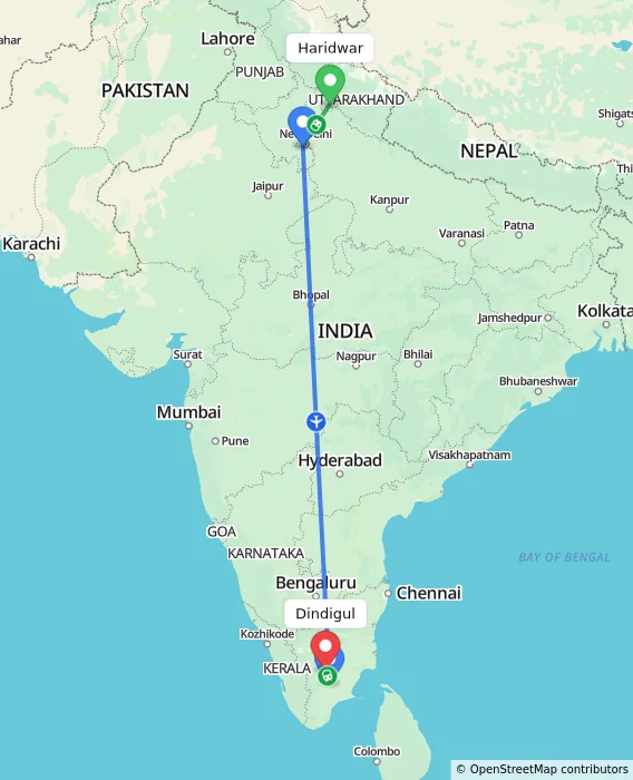 Route map showing distance and travel time from Haridwar, India to Dindigul, India