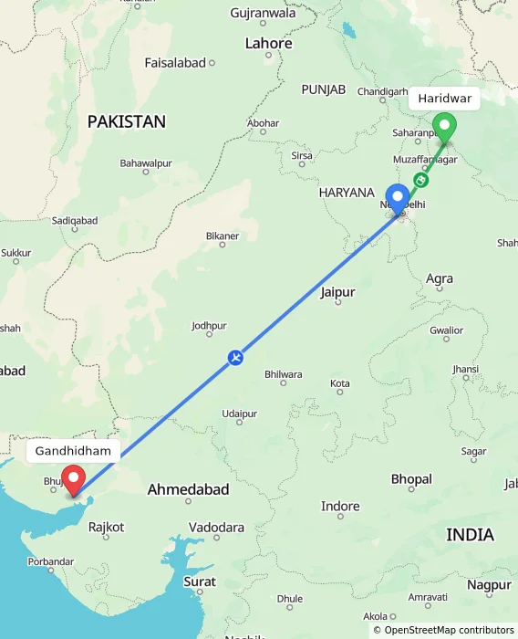 Route map showing distance and travel time from Haridwar, India to Gandhidham, India