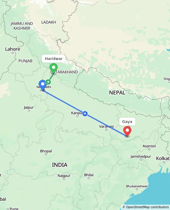 Route map showing distance and travel time from Haridwar, India to Gaya, India