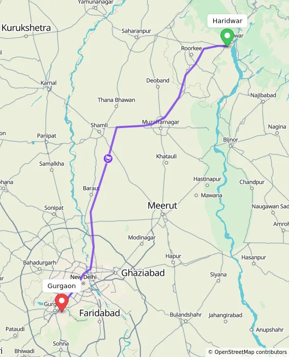 Route map showing distance and travel time from Haridwar, India to Gurgaon, India