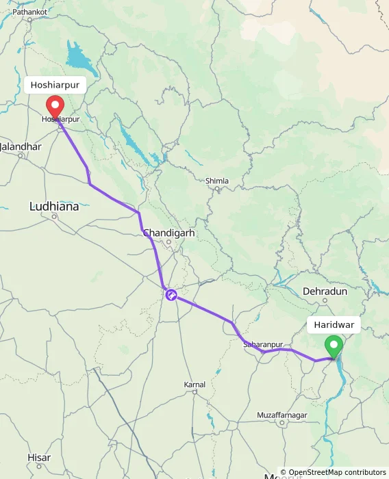 Route map showing distance and travel time from Haridwar, India to Hoshiarpur, India