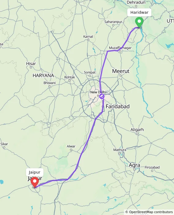 Route map showing distance and travel time from Haridwar, India to Jaipur, India