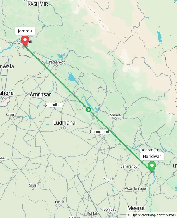 Route map showing distance and travel time from Haridwar, India to Jammu, India