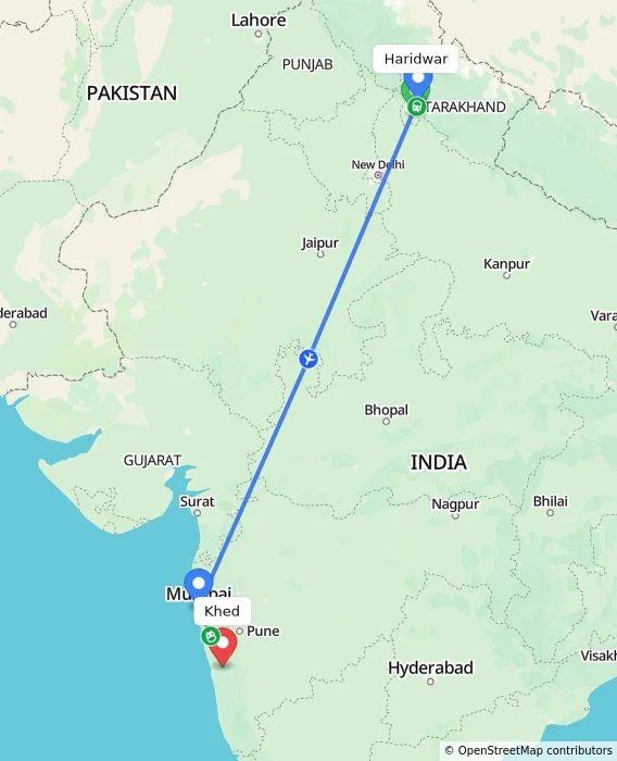 Route map showing distance and travel time from Haridwar, India to Khed, India
