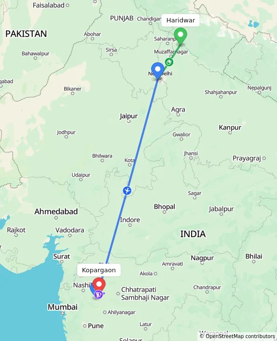 Route map showing distance and travel time from Haridwar, India to Kopargaon, India