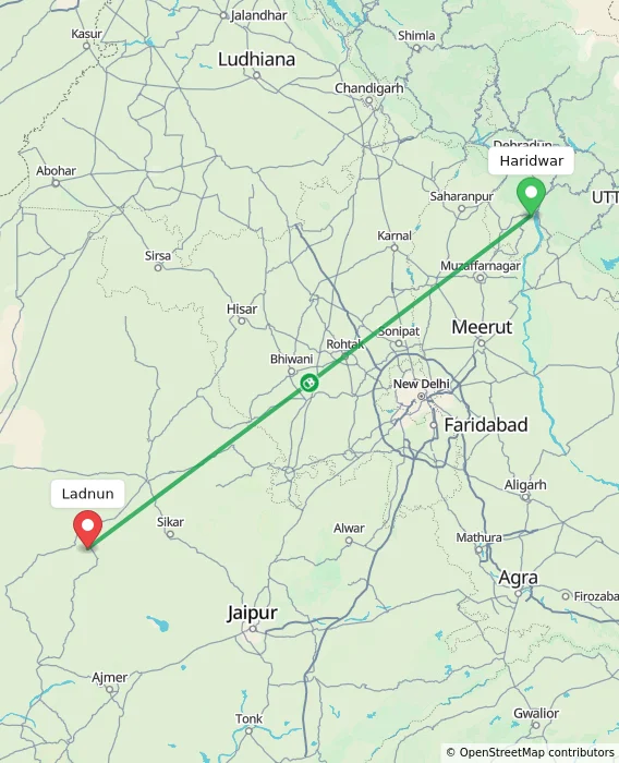 Route map showing distance and travel time from Haridwar, India to Ladnun, India