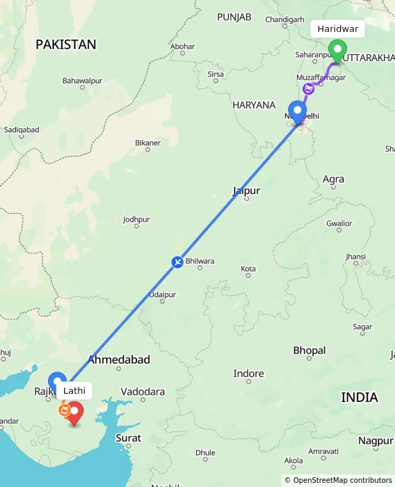 Route map showing distance and travel time from Haridwar, India to Lathi, India