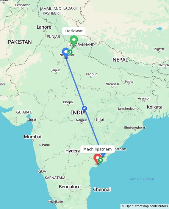 Route map showing distance and travel time from Haridwar, India to Machilipatnam, India
