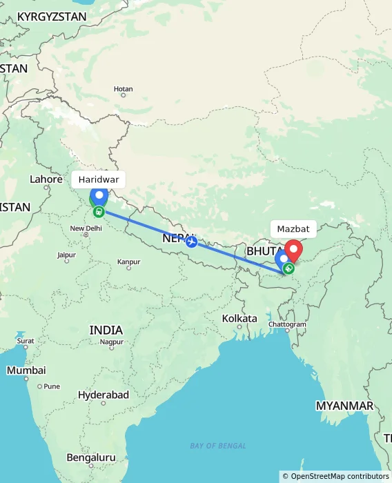 Route map showing distance and travel time from Haridwar, India to Mazbat, India
