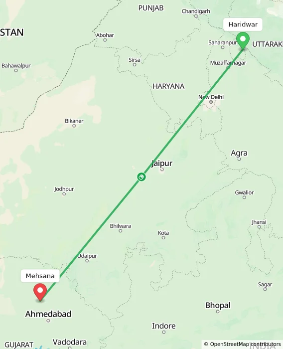 Route map showing distance and travel time from Haridwar, India to Mehsana, India