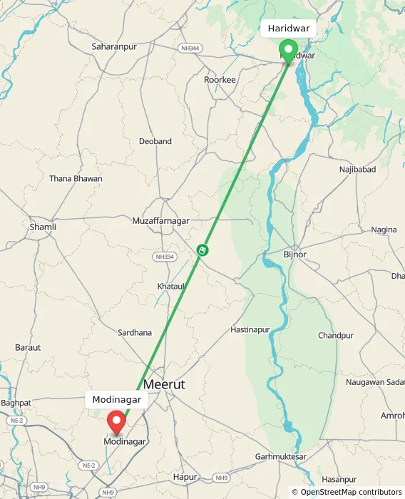 Route map showing distance and travel time from Haridwar, India to Modinagar, India