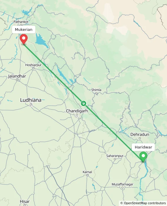 Route map showing distance and travel time from Haridwar, India to Mukerian, India