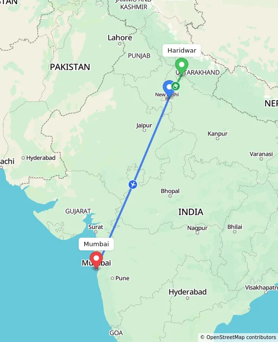 Route map showing distance and travel time from Haridwar, India to Mumbai, India
