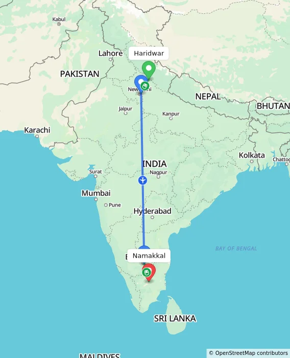 Route map showing distance and travel time from Haridwar, India to Namakkal, India