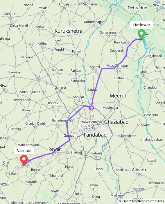 Route map showing distance and travel time from Haridwar, India to Narnaul, India
