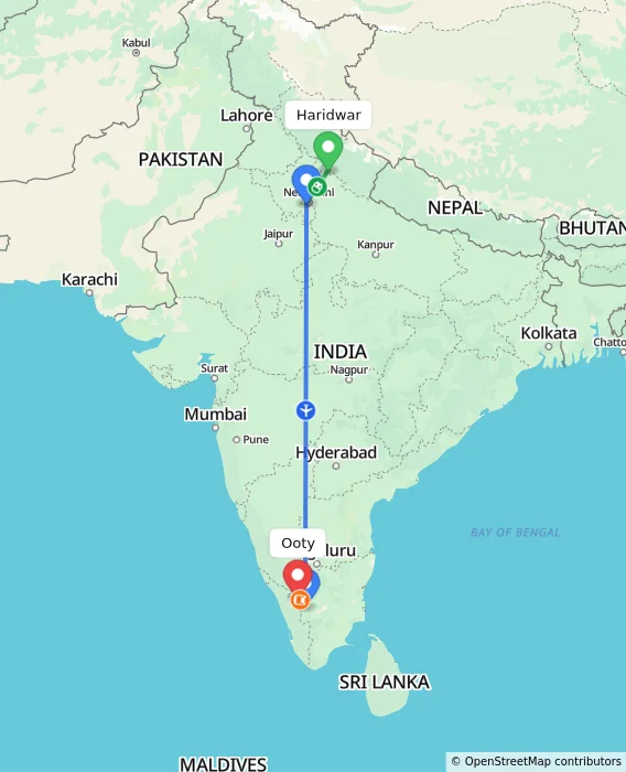 Route map showing distance and travel time from Haridwar, India to Ooty, India