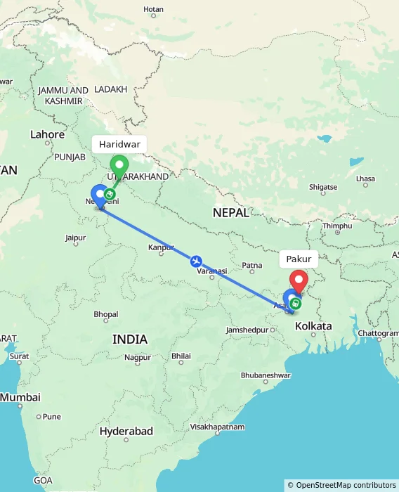 Route map showing distance and travel time from Haridwar, India to Pakur, India