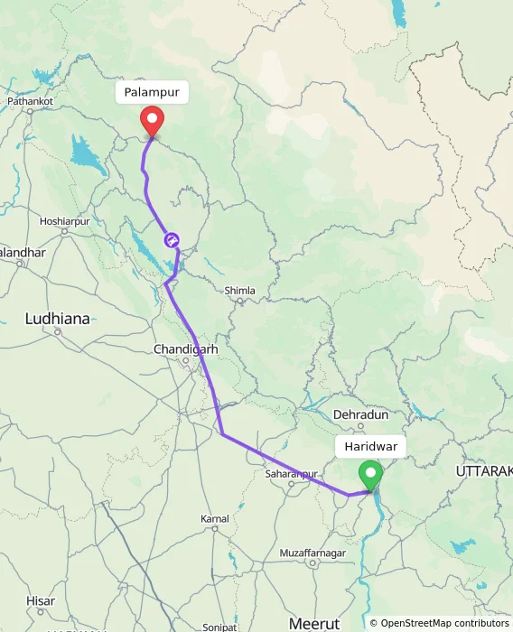 Route map showing distance and travel time from Haridwar, India to Palampur, India