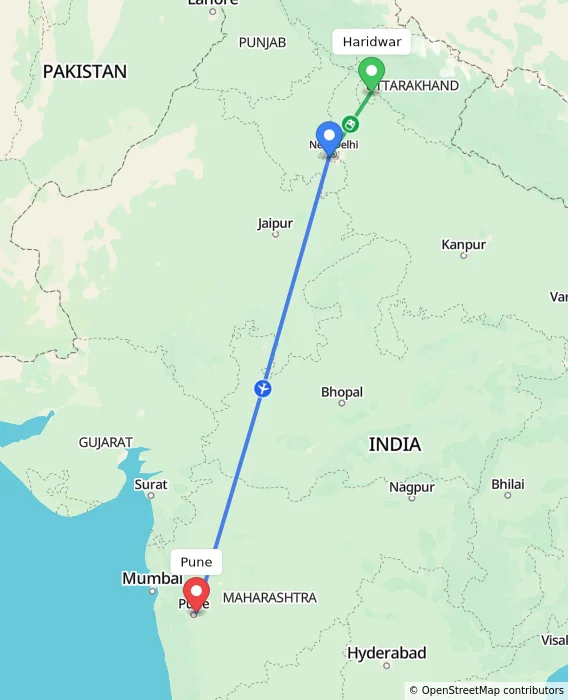 Route map showing distance and travel time from Haridwar, India to Pune, India
