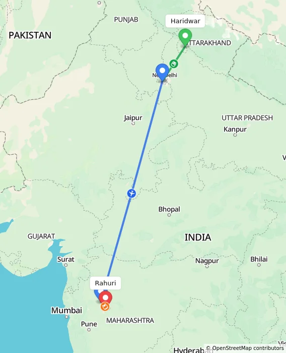 Route map showing distance and travel time from Haridwar, India to Rahuri, India
