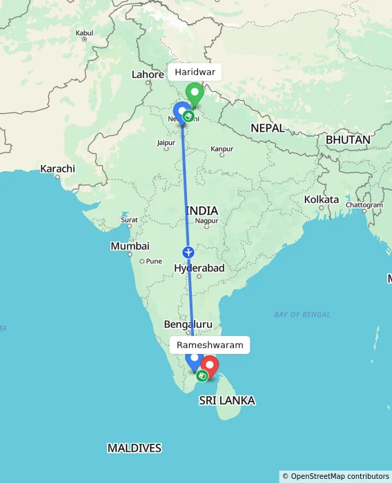 Route map showing distance and travel time from Haridwar, India to Rameshwaram, India