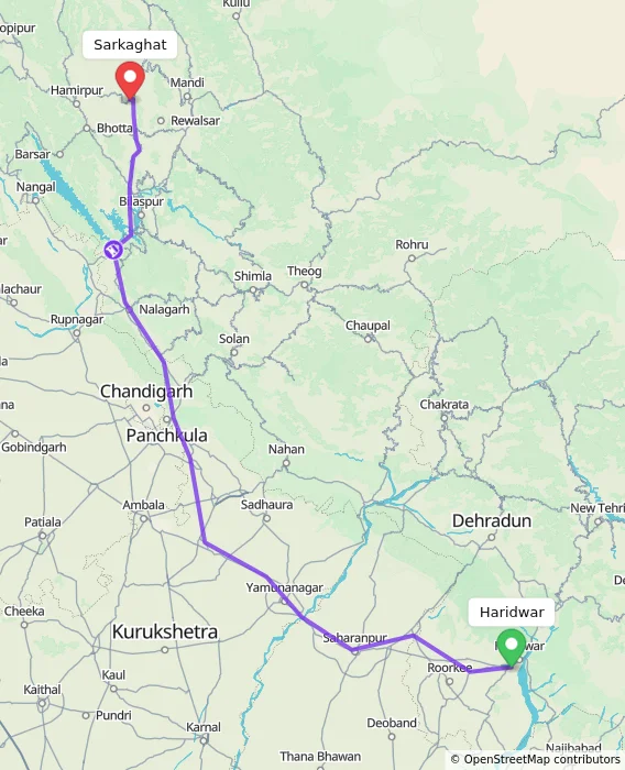 Route map showing distance and travel time from Haridwar, India to Sarkaghat, India