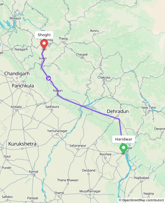 Route map showing distance and travel time from Haridwar, India to Shoghi, India