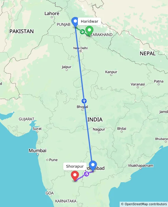 Route map showing distance and travel time from Haridwar, India to Shorapur, India