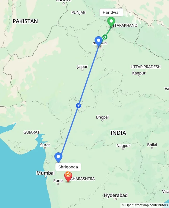 Route map showing distance and travel time from Haridwar, India to Shrigonda, India
