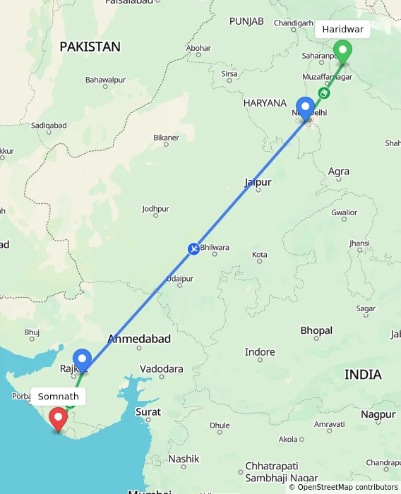 Route map showing distance and travel time from Haridwar, India to Somnath, India
