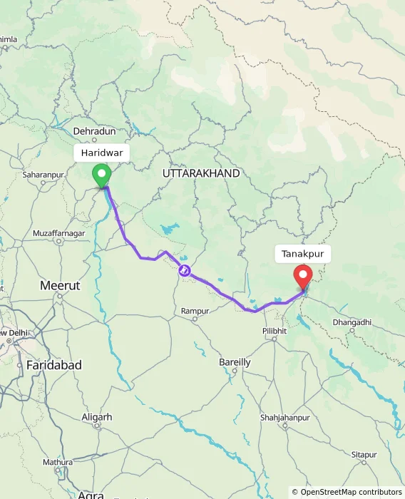 Route map showing distance and travel time from Haridwar, India to Tanakpur, India